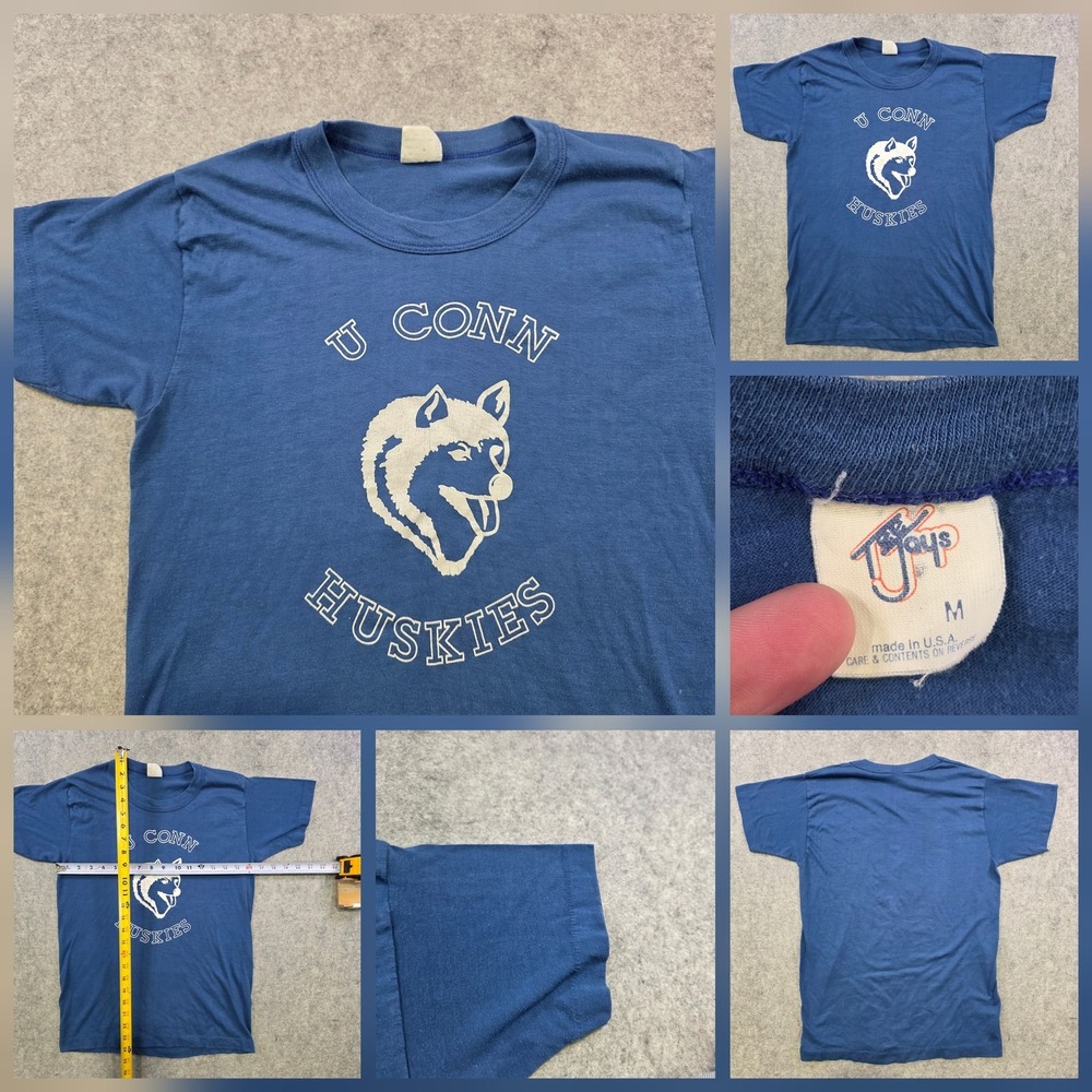 Vintage 80s UConn Huskies‎ T Shirt Mens M Blue NCAA Basketball Tee Jays Made USA